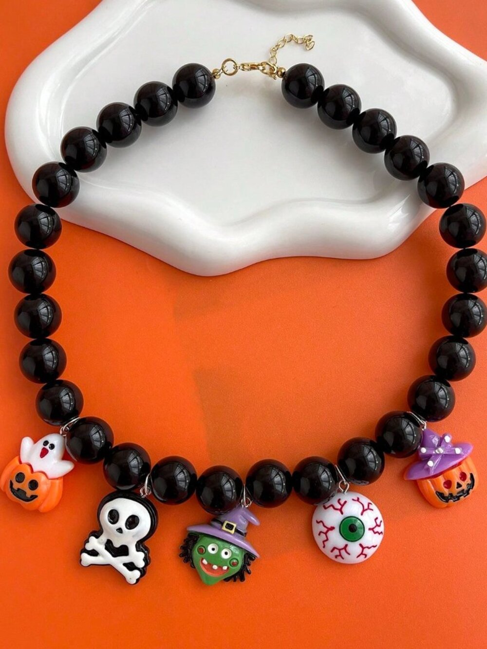 Halloween Gothic Beaded Necklace Ghost Pumpkin Skull Eye Charms Black